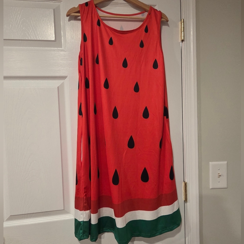 Watermelon Print Sleeveless Dress, XL, generous pockets